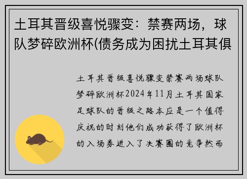 土耳其晋级喜悦骤变：禁赛两场，球队梦碎欧洲杯(债务成为困扰土耳其俱乐部的首要心病)