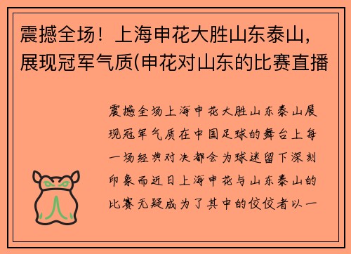 震撼全场！上海申花大胜山东泰山，展现冠军气质(申花对山东的比赛直播)